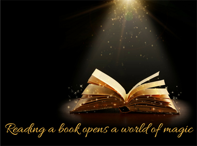 An open book in a sparkling spotlight and the words Reading a book opens a world of magic